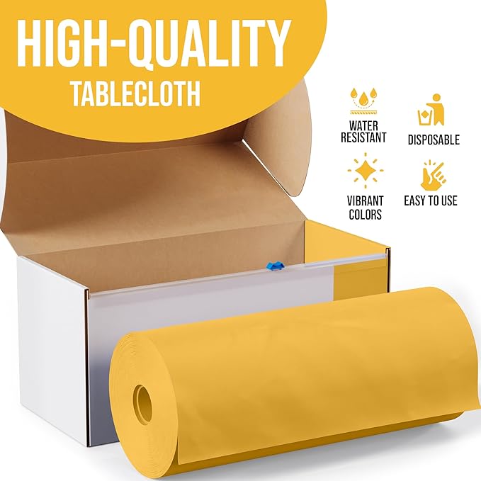 Exquisite Party Solids 54 Inch X 100 Feet Yellow Plastic Table Cover Roll in A Cut - to - Size Box with Convenient Slide Cutter. Cuts Up to 12 Rectangle 8 Feet Plastic Disposable Tablecloths