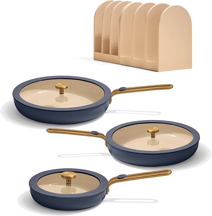 Our Place 8-Piece Essentials Complete Cookware Set - Ceramic Fry Pan Trio & Modular Rack Storage | Nontoxic Thermakind™ Nonstick, Oven Safe up to 450°F & Compatible with All Cooktops | Blue Salt