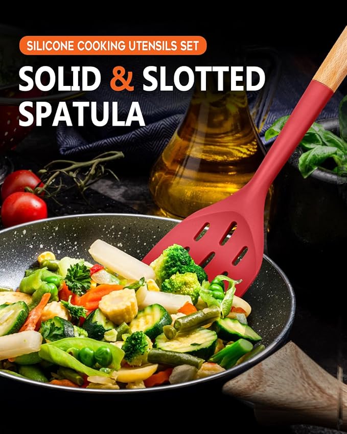 Pack of 2 Silicone Spatula, Non Stick Cooking Utensil Set Wooden Handle Kitchen Turner for Baking Mixing Grilling Serving Food Heat Resistant Non Scratch Hooks Included (Red)