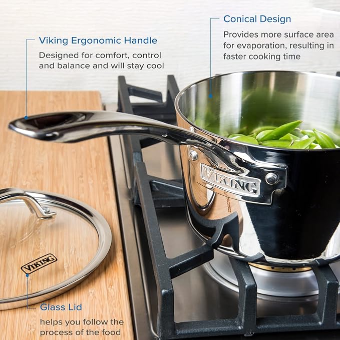 Viking Culinary 3-Ply Stainless Steel Stock Pot, 12 Quart, Includes Metal Lid & Culinary Contemporary 3-Ply Stainless Steel Saucepan, 2.4 Quart