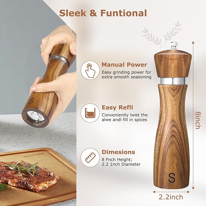 2 Pack Acacia Wood Salt and Pepper Grinder Set – 8” Manual Mills with Adjustable Ceramic Core, Stainless Steel, Tray, Spoon, Brush & Funnel – Rustic Wooden Gift Set for Kitchen or Table