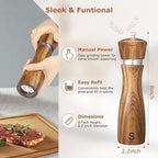 2 Pack Acacia Wood Salt and Pepper Grinder Set – 8” Manual Mills with Adjustable Ceramic Core, Stainless Steel, Tray, Spoon, Brush & Funnel – Rustic Wooden Gift Set for Kitchen or Table