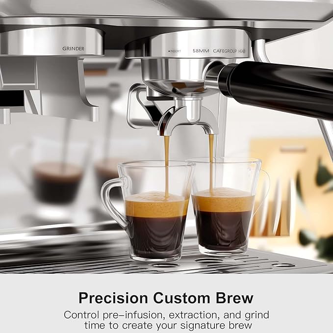 Kismile Dual Boiler Espresso Machine with Grinder, 20 Bar Espresso Maker with Milk Steamer & Hot Water, Dual LED Display, Pressure Gauge, Burr Grinder, coffee Machine for Home&Office, Stainless Steel
