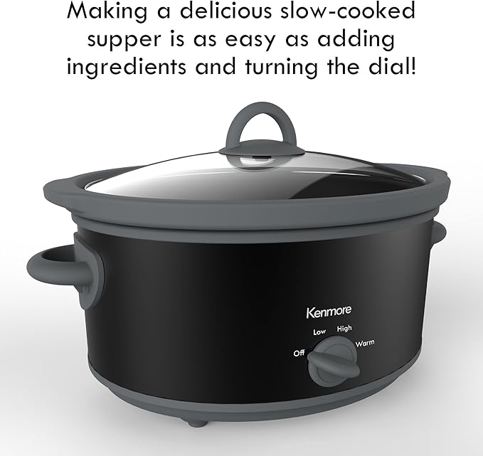 Kenmore Slow Cooker - 5 Lb Chicken 3 Lb Roast Mini Crock Pot With Glass Lid, Stainless Steel Electric Cookers, Warm Rice & Sous Vide Stew, Soup, Lunch, Dishwaher Safe Non-Stick Ceramic Insert, 5 Quart