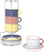 Selamica Ceramic Cappuccino Cups with Saucers and Metal Stand, 8 OZ Stackable Espresso Coffee Cups for Coffee, Latte, Americano, Tea, Set of 4, Assorted Colors