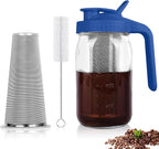 Cold Brew Coffee Maker,32 oz Mason Jar Pitcher with Stainless Steel Filter, Pour Spout Handle Lid, Heavy Duty Glass Airtight & Leak-Proof Pitcher for iced coffee Tea Lemonade-Blue