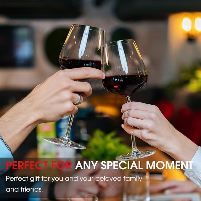 Red Wine Glasses Set of 2, 24oz Large Wine Glasses, Hand Blown Crystal, Ultra-Thin Rim, Long Stem, Lightweight, Ideal for Wine Tasting, Unique Wedding, Anniversary, Christmas, Birthday Gift