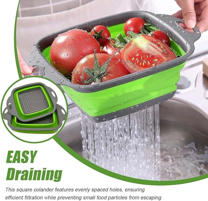 Collapsible Colander Set of 3 Square Silicone Kitchen Strainer Set 1 pcs 9.6 Quart, 1 pcs 6 Quart,1 pcs 4 Quart Perfect for Draining Pasta, Vegetable and fruit for Kitchen and Travel Use