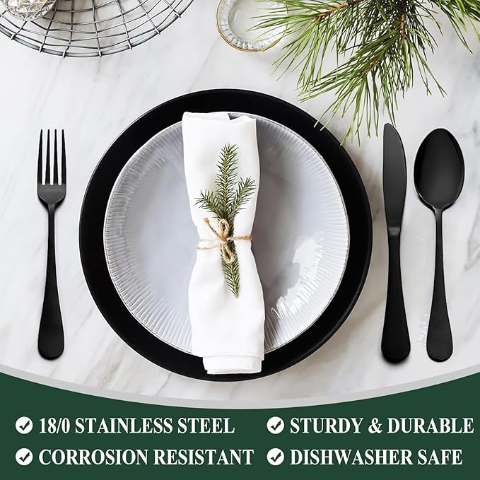 Wildone 40-Piece Black Silverware Set, Stainless Steel Flatware Cutlery Set Service for 8, Tableware Eating Utensils Include Knives/Forks/Spoons, Mirror Polished, Dishwasher Safe