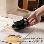 Sweejar Porcelain Espresso Cups with Saucers, 4 Ounce Stackable Cappuccino Cups with Metal Stand for Coffee Drinks, Latte, Tea - Set of 4 (Black Gold Stand)