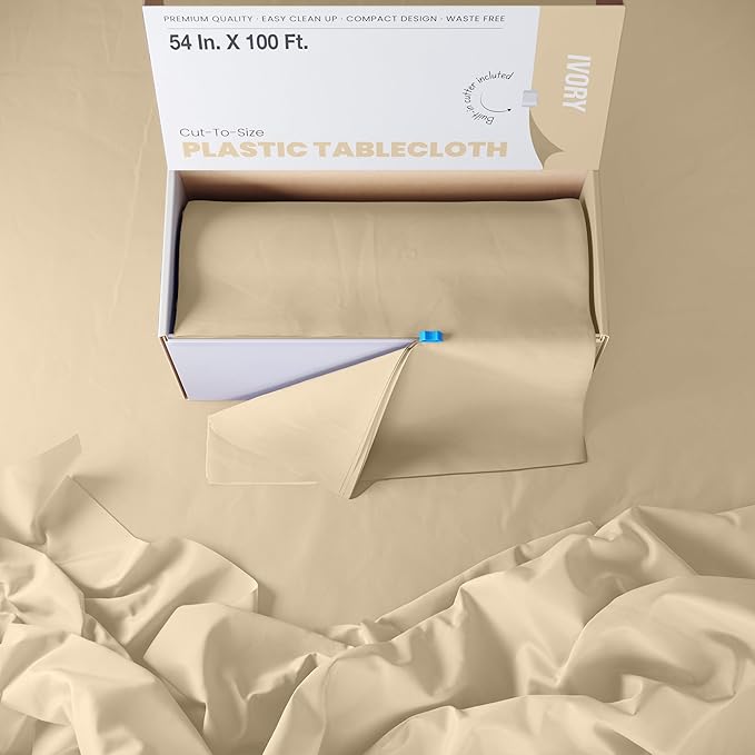 Exquisite Party Solids 54 Inch X 100 Feet Ivory Plastic Table Cover Roll in A Cut - to - Size Box with Convenient Slide Cutter. Cuts Up to 12 Rectangle 8 Feet Plastic Disposable Tablecloths