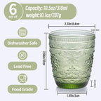 6Pcs Green Drinking Glassware, 10oz Drinking Glasses, Heavy Duty Glass Cups, Colored Embossed Glasses Set for Party Wedding Home Office Glassesware Gift