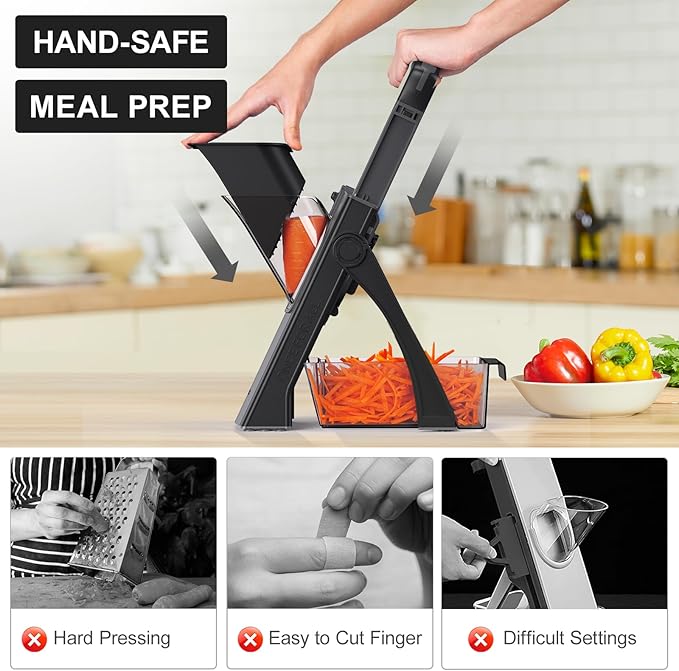 2025 [All in 1] Upgraded Version Safe Mandoline Slicer for Kitchen, Adjustable Thickness. Veggie Slicer, Rapid Prep Mandoline, Detachable Blade, Cleaning Brush/Paring Knife (Black Knight)