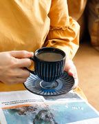 Hasense Ceramic Cappuccino Cups and Saucers Set of 4, Ribbed 6 Oz Demitasse Tea Cup with big Handle, Mugs Set for Coffee,Tea,Latte and Mocha, Aesthetic Gift for Anniversary or Holiday, Blue