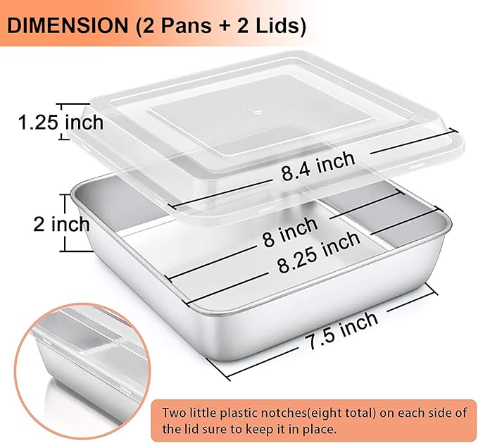 TeamFar Square Cake Pan with Lid (2 Pans & 2 Lids), 8 Inch Stainless Steel Square Baking Tray Cake Brownie Tin For Meal Prep Storage Transporting Food, Healthy & Sturdy, Dishwasher Safe