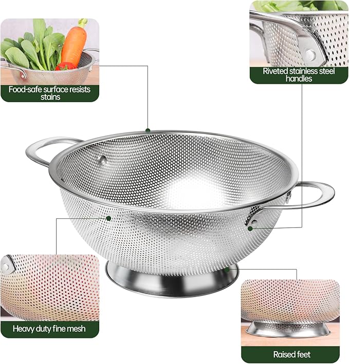 Premium Stainless Steel Colander for Kitchen, Food Strainer Basket with Handle and Solid Ring Base for Fruits Vegetables Rice and Pasta, Dishwasher Safe (3QT)