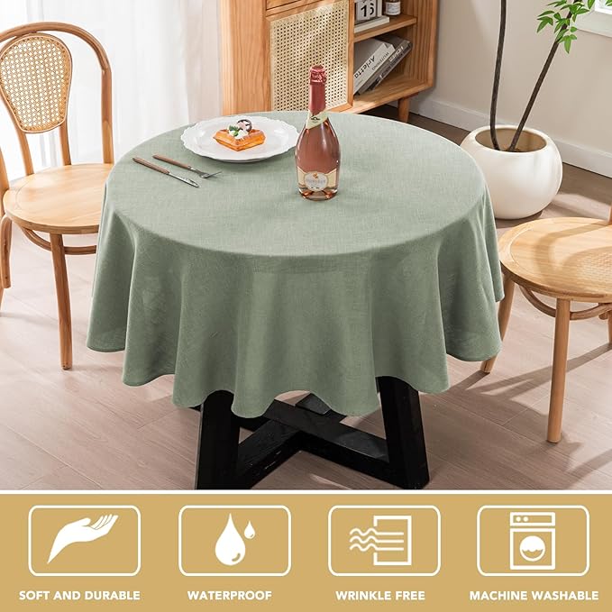 H.VERSAILTEX Linen Table Cloths Round 60 Inch Premium Tablecloth Spill-Proof Waterproof Table Cover for Dining Buffet Feature Extra Soft and Thick Fabric Wrinkle Free, Sage