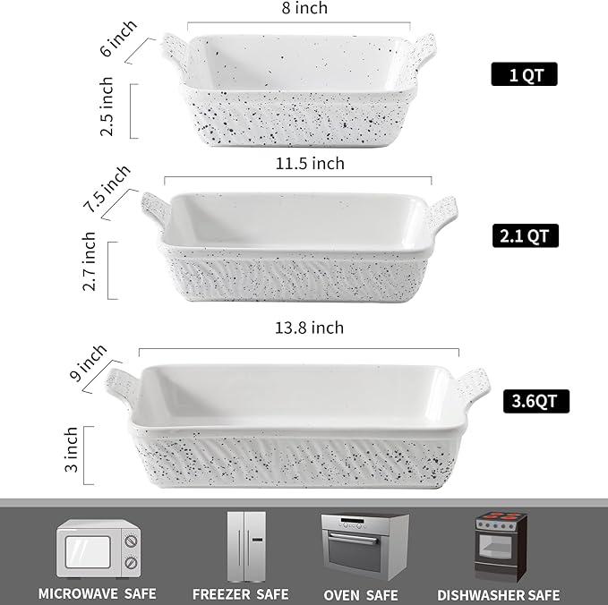 KOOV Bakeware Set, Ceramic Baking Dish, Rectangular Lasagna Pans for Cooking, Cake Dinner, Kitchen, 9 x 13 Inches, 3-Piece, Splash Series (Splashed White)
