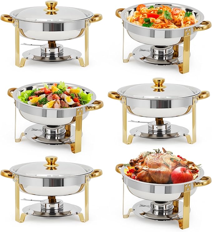 Garvee 6 Pack Chafing Dishes for Buffet, 5 QT Round Buffet Servers and Food Warmer Set with Lid, Stainless Steel Chafers for Catering Parties Wedding Banquet, Gold