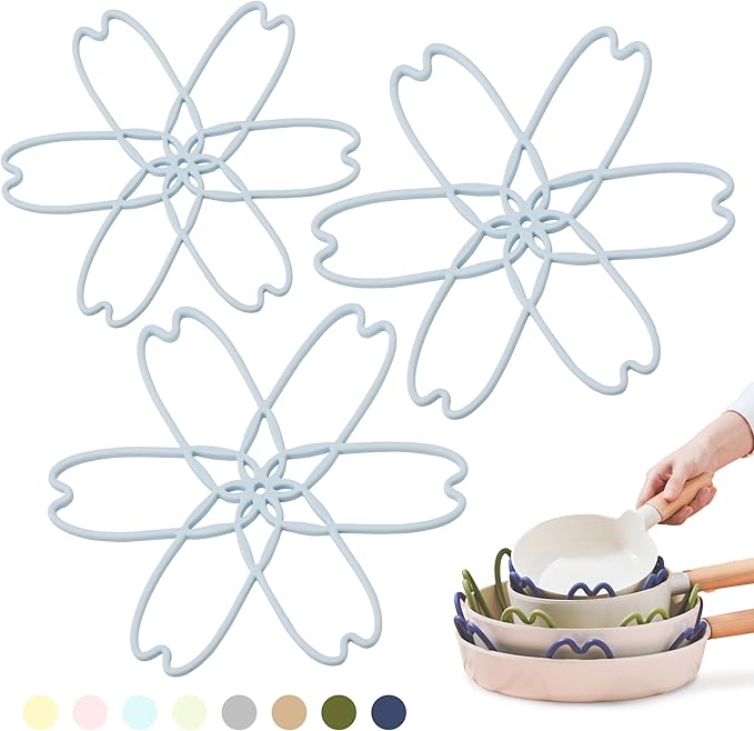 iPROTECT - Stack Expert | Multi-Purpose BPA-Free Silicone Pans & Pots Protector. Set of 3. Trivets for All Cookware Sizes, Protects Coating & Scratches, Dishwasher Safe (Sky Blue, S&L)