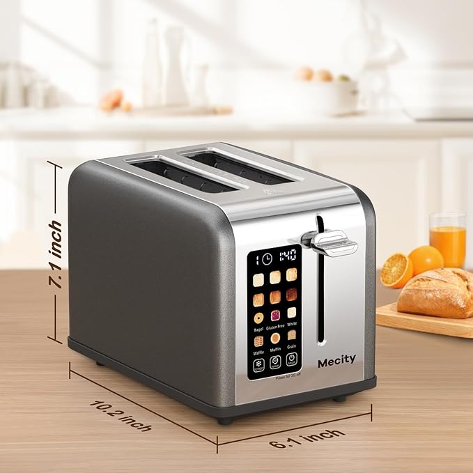 Mecity 2 Slice Touch Screen Toaster, 1.5" Wide Slot, Stainless Steel Smart Toaster for Bagels, Muffins, Waffles, Gluten-Free Breads, Defrost, Reheat, Timer, 120V 825W, Pearl Grey