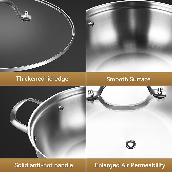 LOLYKITCH 13 Inch Tri-Ply Stainless Steel Sauté Pan with Lid,Everyday Pan,Kadhai,Jumbo Cooker,5 QT Induction Cooking Pot,Dishwasher and Oven Safe