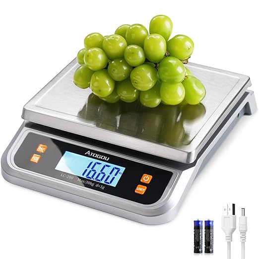 66lb Food Scale, Commercial Kitchen Scale Plug-in Usable with Full View LCD Display, Stainless Steel, for Baking, Bread, Cooking, Meat, Vegetables, Farm, Industry LC200