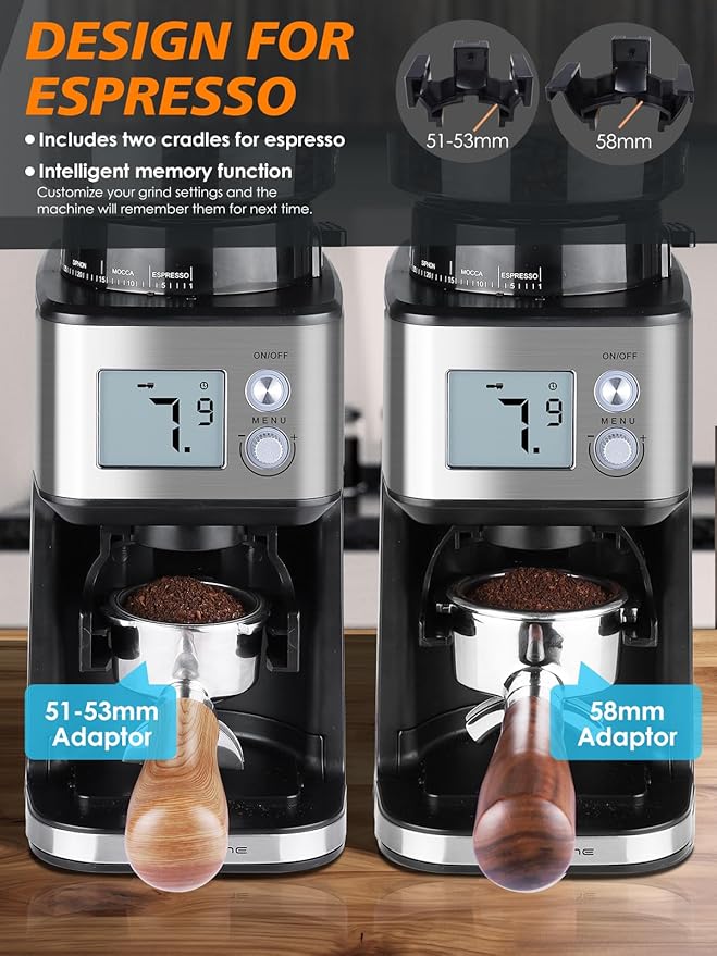 Homtone Conical Burr Coffee Grinder – 51mm Stepless Electric Espresso Grinder with Grind Settings, Automatic Timer, Low Noise, with Portafilter Holders, for Home and Commercial Use, Grade for Baristas