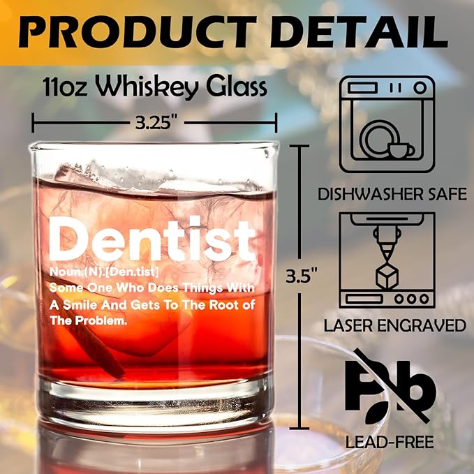 kunlisa Dentist Gifts Whiskey Glasses, Dental Hygienist Assistant Gifts, Dental 10 oz Drinking Rocks Glasses for Women Men Whisky Cocktail Scotch Bourbon Liquor
