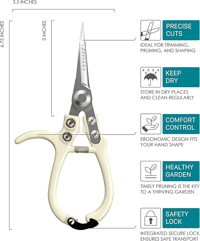 Plant Pruning Shears Garden Trimming Scissors Precision Hand Pruner Herb Snips Flower Clippers Bonsai Trimmers Straight Sharp Blade Tapered Tip Ergonomic Handle Garden Tools (Classic Cream)