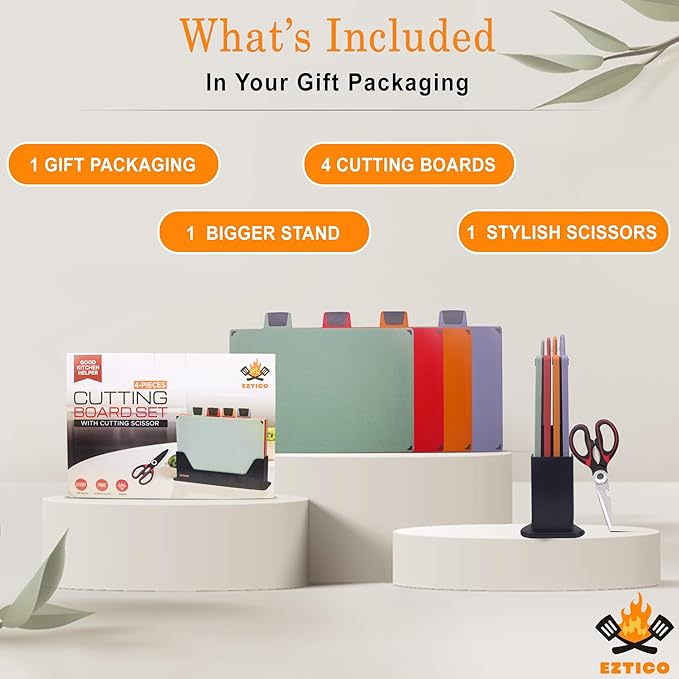4-Piece Non-Toxic Cutting Board Set with Premium Scissors – BPA-Free Plastic and Rubber Chopping Boards for Kitchen Essentials with Organizer, Dishwasher Safe Accessories Holder.