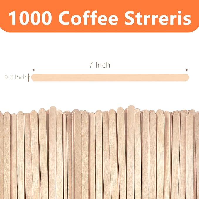 1000 Pack Birch Wood Coffee Stirrers, 7 Inch Sturdy Coffee Stir Sticks, Smooth Round Ends, Splinter-Free Disposable Stir Sticks for Coffee, Cocktails, Office, Home Use