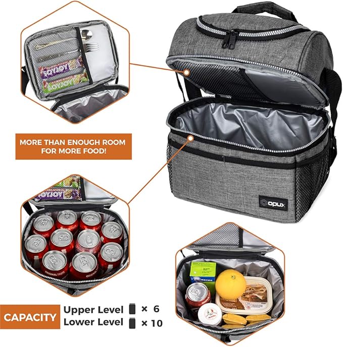 OPUX Lunch Box For Men Women, Insulated Large Lunch Bag Adult Work, Double Decker Lunchbox Meal Prep Dual Compartment Leakproof Lunch Cooler, Soft Lunch Pail Tote Boys Girls Kids School, Heather Gray