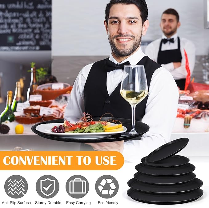 6 Pcs 16 14 11 Inch Restaurant Serving Trays Extra Large Serving Pallets Black Plastic Non Slip Round Pallets Large Food Crawfish Server Trays for Home Restaurant Kitchen Cafeteria Bar Hotel