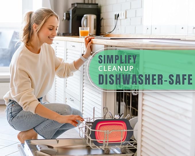 XL Large Kitchen Strainer by Comfify - Collapsible Silicone Over-The-Sink Colander with Extendable Handles - Use with Pasta, Fruit, Berries & Veggie - 6 Quart - Coral