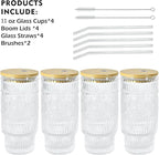 4 Pcs 11 oz Drinking Glasses Cups Set with Bamboo Lids Straws Brush Small Glassware Set for Juice Iced Coffee Cocktail Whiskey(Sunflower*4)