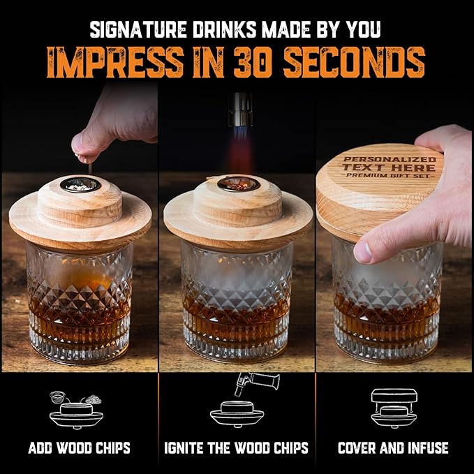 Custom Whiskey Cocktail Smoker Kit with Torch & Wood Chips - Premium Set, USA Oak Smoker - Old Fashioned Cocktail Kit for Whiskey Lovers - Bourbon Gifts for Men - Gift from Wife, Daughter, Son