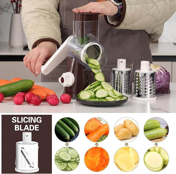 Cambom Rotary Cheese Grater Hand Crank Cheese Shredder for Fresh Cheese, Vegetable, Nuts,Non-slip Suction Base, Free Cleaning Brush Three Blades, Coffe Color