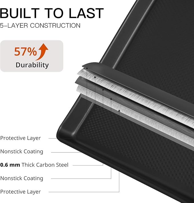 HONGBAKE Jelly Roll Pan 15x10, Cookie Sheets for Baking with Diamond Texture, Baking Sheets Non Stick, Non Toxic Oven Trays for Cooking, Heavy Duty 57% Thicker Carbon Steel, Dark Gray