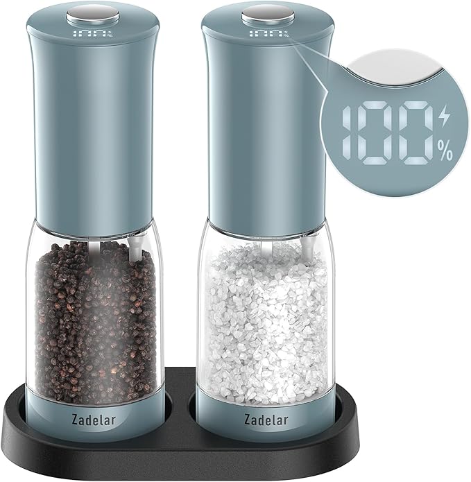 Salt and Pepper Grinder Set with LED Power Display,Larger Capacity Salt and Pepper Shakers Set Electric Rechargeable with Flexible Coarsenes,LED Light,One Hand Operation for Kitchen(Blue)
