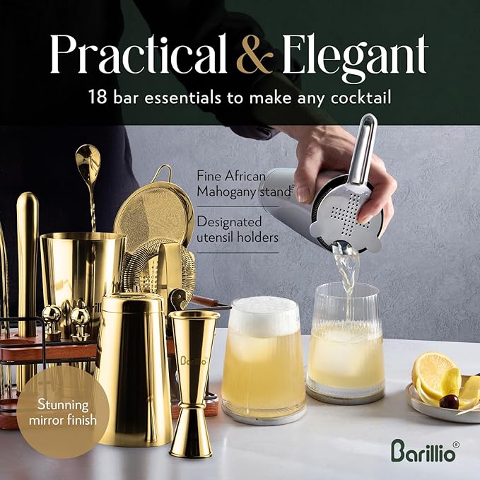 Barillio Gold Bartender Kit – 23-Piece Stainless-Steel Cocktail Shaker Set with Premium African Mahogany Stand | Martini Barware Mixing Tools for Home Bartending | Gift Set