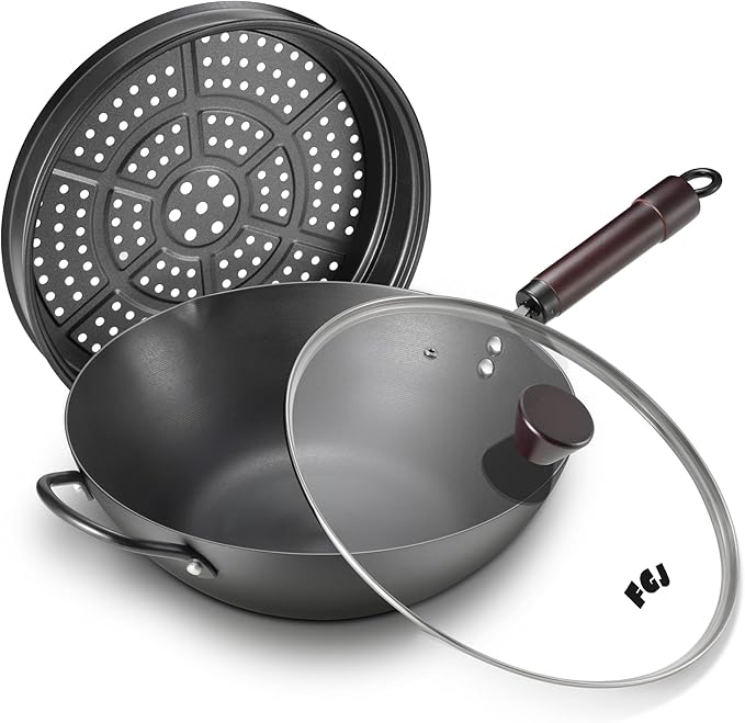 FGJ Wok, 13 Inch carbon steel wok pan with steamer & stir-fry pans nonstick, Pre-Seasoned 5.8QT Flat Bottom Chinese Woks Paella Pan with lid, Carbon Steel Cookware, Compatible with All Cooktops
