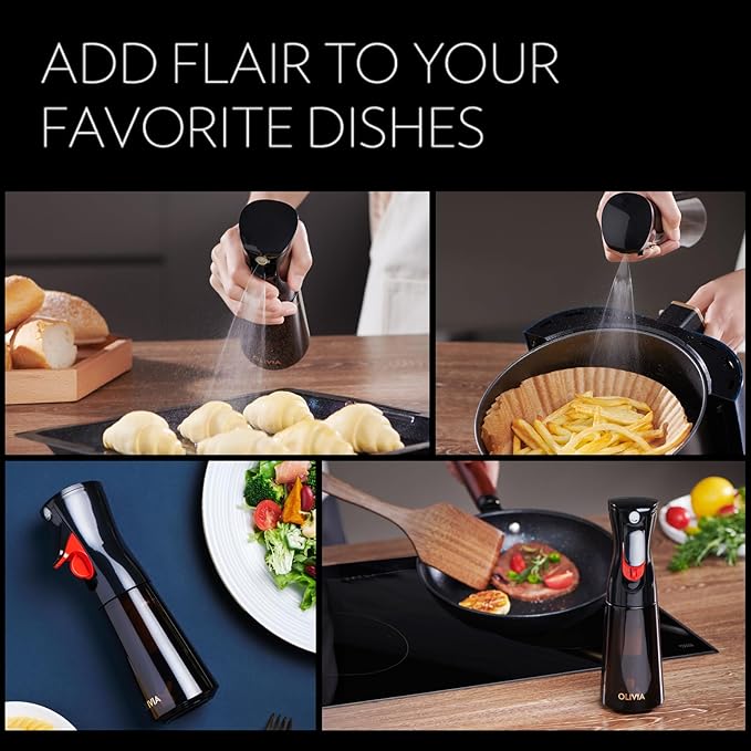 FLAIROSOL OLIVIA Oil Sprayer for Cooking, 200ml Glass Olive Oil Sprayer, Continuous Cooking Spray Dispenser with Portion Control for Kitchen, Air Fryer, Salad, BBQ (Black Bottle, Gold Print)