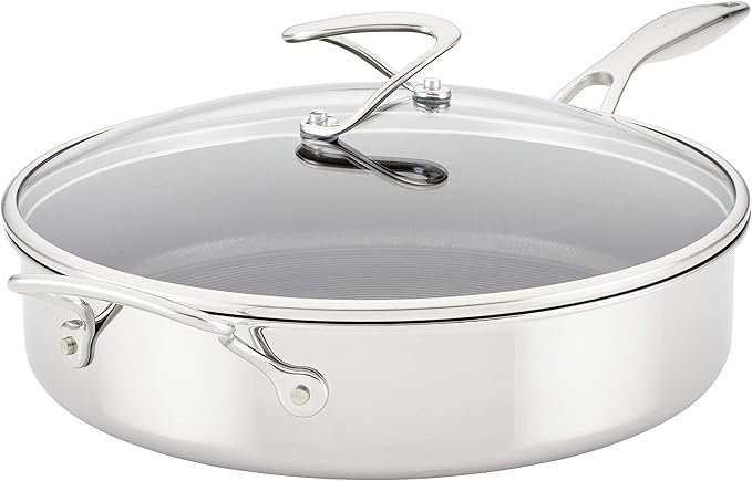Circulon Clad Stainless Steel Saute Pan with Lid and Hybrid SteelShield and Nonstick Technology, 5 Quart - Silver