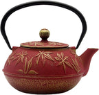 Cast Iron Teapot Tea Kettle with Stainless Steel Infuser for Stovetop Safe Coated with Enameled Interior Japanese Red Tetsubin with Maple Leaves Pattern(30.4oz/900ml)