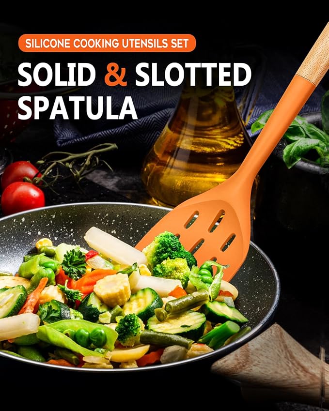 Pack of 2 Silicone Spatula, Non Stick Cooking Utensil Set, Wooden Handle Kitchen Turner for Baking Mixing Grilling Serving Food Heat Resistant (ORANGE)