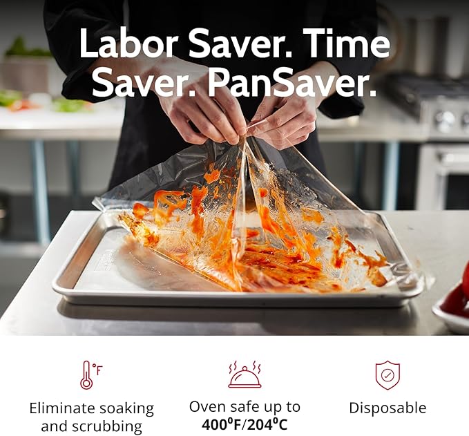 PanSaver Hotel Clear Sheet Pan Liners for Easy Clean Up - Disposable Buffet Pan Liners, Ovenable up to 400F (Half Pan - Deep - 34 x 12 IN)