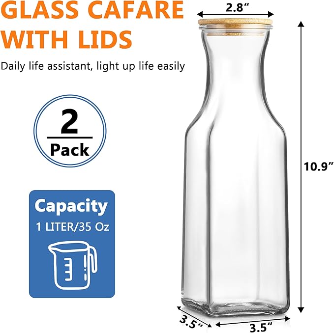 Set of 2 Square Glass Carafe, 1 Liter Beverage Serveware Carafe with Bamboo Lid, Water Bottles, Clear Glass Pitchers for Mimosa Bar, Milk, Juice, Lemonade(2 Bottles)
