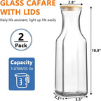Set of 2 Square Glass Carafe, 1 Liter Beverage Serveware Carafe with Bamboo Lid, Water Bottles, Clear Glass Pitchers for Mimosa Bar, Milk, Juice, Lemonade(2 Bottles)