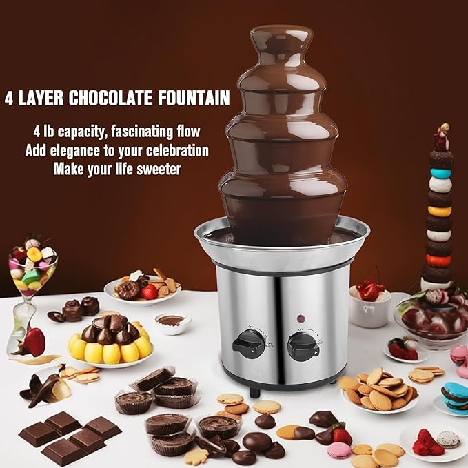 Chocolate Fountain, 4 Tier Chocolate Fondue Fountain Electric Melting Machine for Parties, Nacho Cheese, Ranch, Sauce, Wedding, Chocolate Fountain Machine with 4pcs Stainless Steel Forks(4 LB)